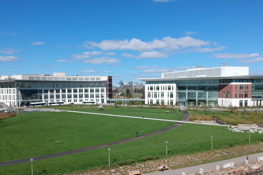 Campus Center  lawn and UHall viewed from air.