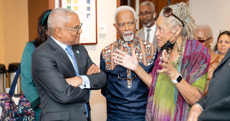 Dr. Jemadari Kamara, center, speaks with author Charlayne Hunter-Gault and President Jose Maria Neves.