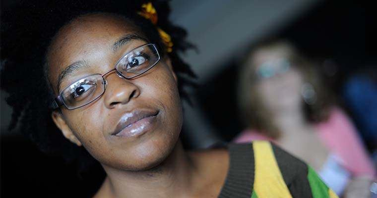 Student in a UMass Boston classroom.  