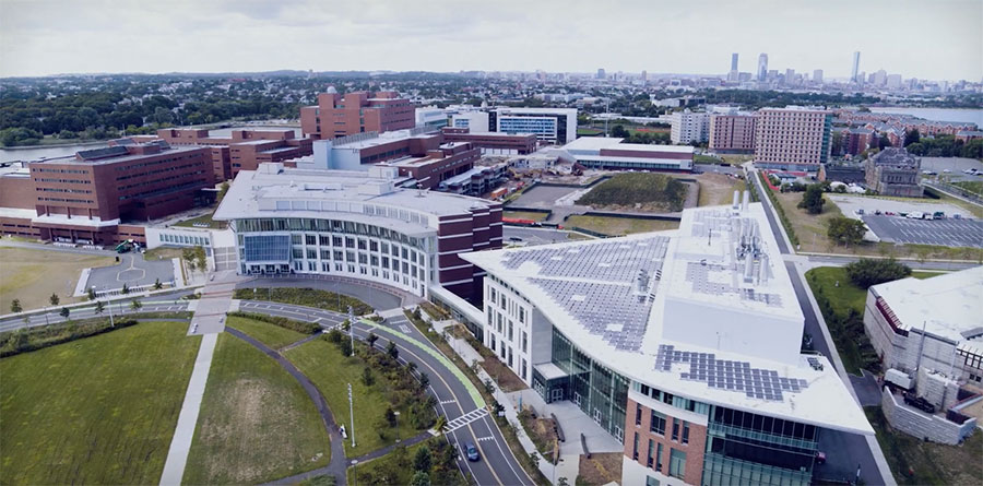 UMass Boston aerial shot of solar panels